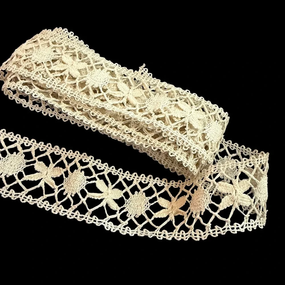 Vintage Handmade Bobbin Lace Trim Insertion Ecru Cotton 1in Wide 60in 1.6 Yards